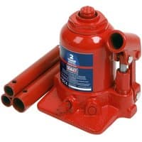 Red Sealey SJT2 Bottle Jack 2 Tonne Telescopic with blue label, round base, and detachable handle.