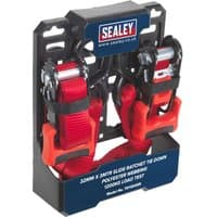 Red Sealey slide ratchet tie down straps with black hooks and packaging, featuring a Sealey logo on top.