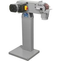 Gray Sealey SM100 belt sander with rectangular base, adjustable sanding belt, and motor housing on a sturdy stand.