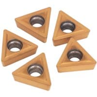 Gold triangular Sealey lathe turning tool tips set with central circular holes, five pieces.