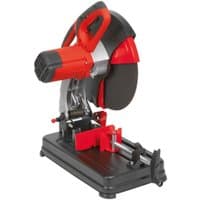 Red and black Sealey SM355D metal cut off saw with 355mm blade and sturdy base.