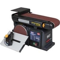 Sealey SM914 bench sander with 150mm belt, sanding wheel, black body, and adjustable work table.