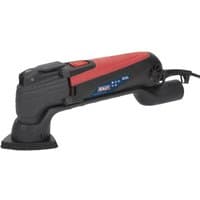 Black and red Sealey oscillating multi-tool with ergonomic grip and triangular sanding pad attachment.