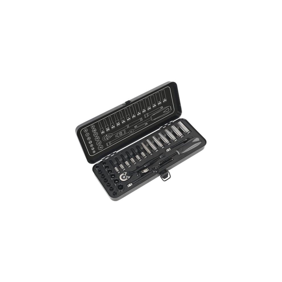 32-piece Sealey AK7970 socket set in a black plastic case, featuring 1/4" square drive, 6-point WallDrive® metric sockets, and a compact design for easy storage.