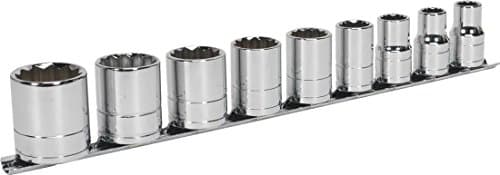 Nine chrome-plated Whitworth sockets arranged on a metal rail, featuring varying sizes for 1/2" square drive, showcasing a shiny, durable finish.