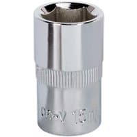 Silver Sealey 15mm Walldrive socket, 1/2in square drive, fully polished with knurled grip and engraved markings.