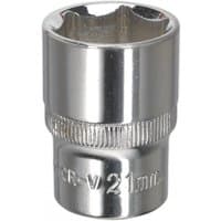 Silver Sealey Walldrive® socket, 21mm, 1/2in square drive, fully polished with engraved size marking.