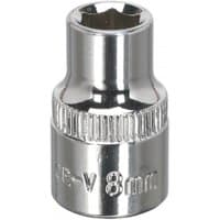 Silver Sealey 8mm Walldrive socket, 3/8in square drive, fully polished with knurled grip.