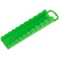 Green Sealey spanner rack for 10 stubby spanners, featuring a handle and slots for organized tool storage.