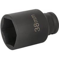 Black Sealey 1/2" drive deep hexagon impact socket with 38mm marking and durable matte finish.