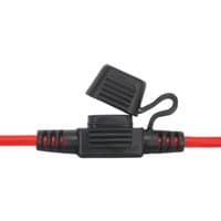 Black Sealey splashproof mini blade fuse holder with red wires and a hinged protective cover.