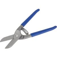 Sealey spring-loaded tin snips with blue handles and silver blades, featuring a visible coil spring mechanism.