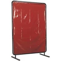 Red Sealey welding curtain with black metal frame, measuring 1.3 x 1.75 meters, compliant with EN ISO 25980:2014.