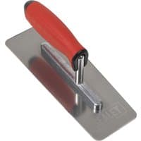 Sealey stainless steel Venetian plastering trowel with red ergonomic handle and flat rectangular blade.