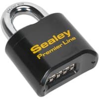 "Black Sealey steel combination padlock with yellow logo and four-digit code dial"