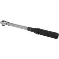 Silver Sealey torque wrench with black handle, micrometer style, 1/2" drive, and adjustable scale.