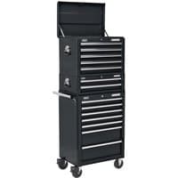 Black Sealey 14 drawer roller cabinet with mid box and top tool chest, featuring silver handles and caster wheels.