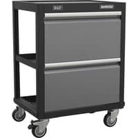 Black and gray Sealey Superline Pro trolley with two drawers, open shelf, and four swivel casters.