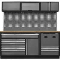 Sealey Superline Pro MSS storage combo with wood worktop, black frame, grey cabinets, and perforated metal backboard.