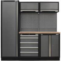 Black and gray storage system with wood worktop, tall cabinet, drawers, and pegboard by Sealey Superline Pro MSS.