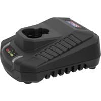 Black Sealey SV12 12v cordless Li-Ion battery charger with LED indicators and ribbed design.