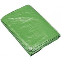 Green Sealey tarpaulin 5.49 x 7.32m, folded, with reinforced edges and metal grommets.