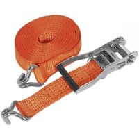 Orange Sealey ratchet strap with metal hooks and ratchet mechanism, 50mm wide, 6m long, 5000kg breaking strength.