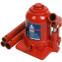 Red Sealey telescopic bottle jack with a round base, carrying handle, and three detachable extension tubes.