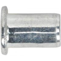 Silver Sealey M4 threaded insert rivet nut with cylindrical body and flanged top, pack of 50.
