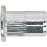 Silver Sealey M8 splined threaded insert rivet nut with cylindrical body and flanged top, pack of 50.