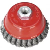 Red Sealey twist knot wire cup brush with silver bristles, Ø100mm, M14 x 2mm threaded center.