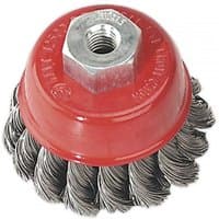 Red Sealey twist knot wire cup brush with silver twisted bristles and hexagonal nut center.