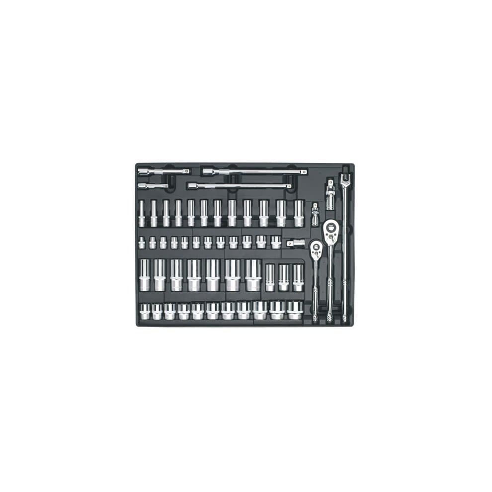 Black tool tray containing a 55-piece socket set with chrome-plated sockets, ratchets, and extensions in 3/8" and 1/2" square drive sizes.