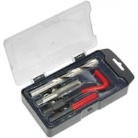 Sealey TRM14 Thread Repair Kit with drill bits, tap, and red handle in a clear-lid black plastic case.