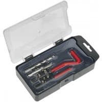 Sealey TRM5 Thread Repair Kit with red handle tools and inserts in a black plastic case with clear lid.