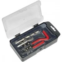 Sealey TRM8 Thread Repair Kit with metal inserts, drill bit, and red handle tool in a clear-lid black plastic case.