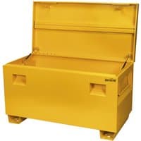 Yellow Sealey truck storage box with hinged lid, side handles, and reinforced corners.
