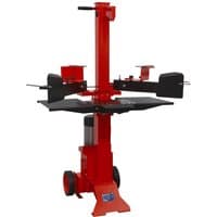 Red Sealey vertical log splitter with black base, adjustable clamps, and wheels for mobility.