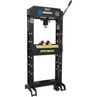 "Black Sealey Viking floor air/hydraulic press with sliding ram, foot pedal, and sturdy frame"