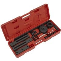 Red Sealey VS0122 Clutch Servicing Tool Kit with various metal tools in a molded plastic case.