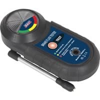 Black Sealey VS027 Brake Fluid Tester with LED indicators, circular sensor, and a silver probe attachment.
