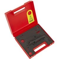 Red Sealey timing tool kit with foam insert, various metal tools for Mercedes, Renault, Nissan, Dacia 1.3 engines.
