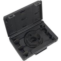 Black Sealey VS7037 adjustable press support plate in a sturdy black carrying case with molded interior.