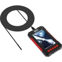 Sealey VS8114 tablet video borescope with 3.9mm camera, black and red casing, coiled cable, and screen display.
