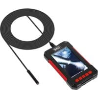 Sealey VS8116 borescope with black 8mm camera cable and red-accented tablet screen displaying video feed.