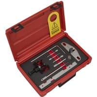 Red Sealey diesel engine timing tool kit with various metal tools in a molded case for Ford, Mazda, PSA engines.