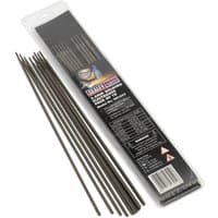 Sealey WE1025 welding electrodes, Ø2.5 x 300mm, pack of 10, in a clear plastic case with black label and product details.