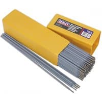 Yellow box of Sealey welding electrodes, 3.2mm x 350mm, 5kg pack, with gray rods partially visible.