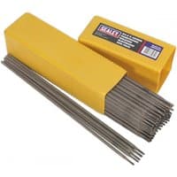 Yellow box of Sealey welding electrodes, hardfacing Ø3.2 x 350mm, with metal rods partially exposed.