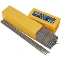 Yellow box of Sealey welding electrodes, hardfacing Ø4 x 350mm, 5kg pack, with exposed silver rods.